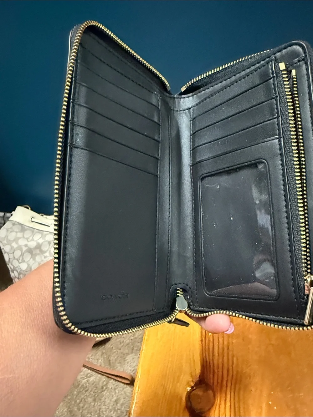 Coach Black Pebbled Leather Short Zip Wallet with Gold Logo